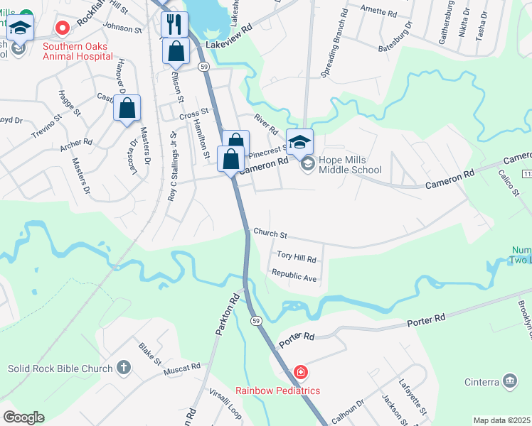 map of restaurants, bars, coffee shops, grocery stores, and more near 3700 Damien Drive in Hope Mills