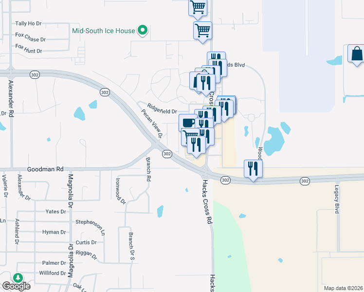 map of restaurants, bars, coffee shops, grocery stores, and more near 7095 Hacks Cross Road in Olive Branch