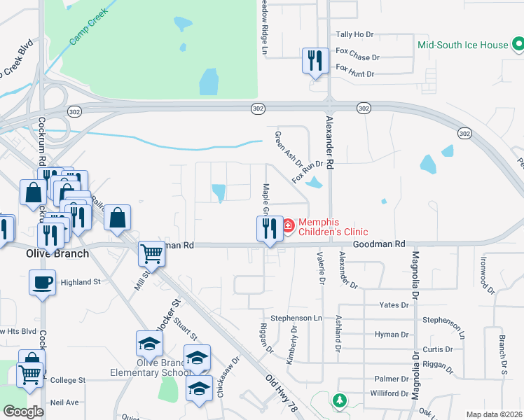 map of restaurants, bars, coffee shops, grocery stores, and more near 7099 Maple Grove Road in Olive Branch