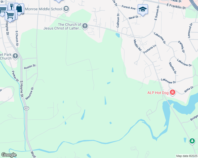 map of restaurants, bars, coffee shops, grocery stores, and more near 1709 Beechwood Lane in Monroe