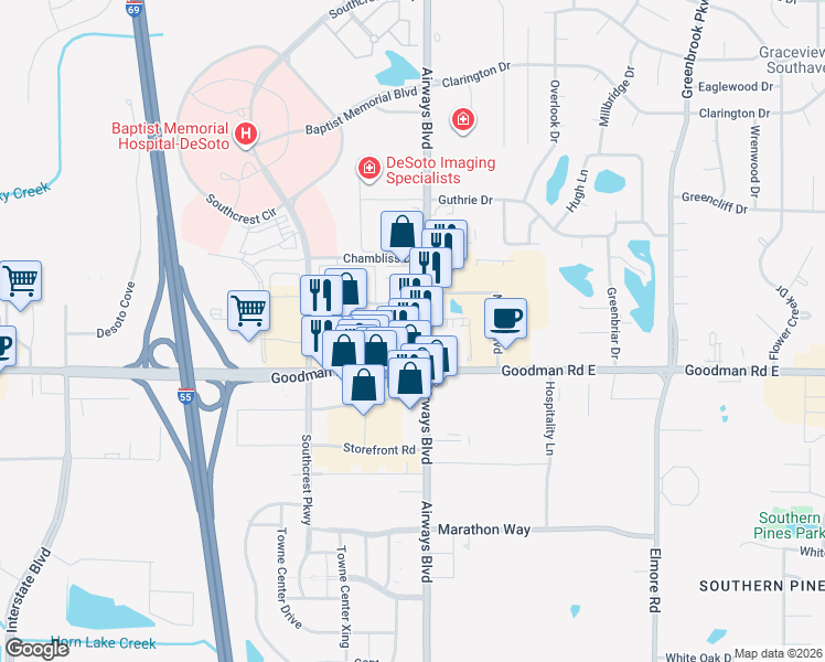 map of restaurants, bars, coffee shops, grocery stores, and more near 7065 Airways Boulevard in Southaven