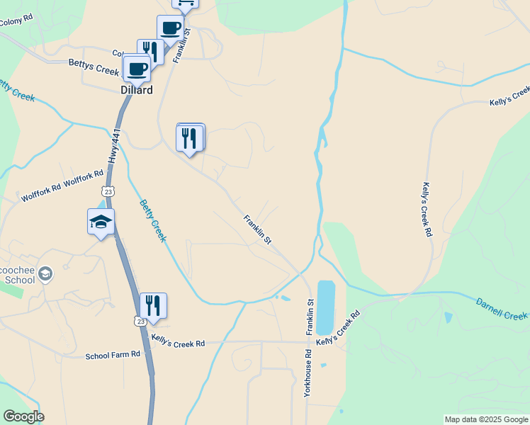 map of restaurants, bars, coffee shops, grocery stores, and more near 476 Franklin Street in Dillard