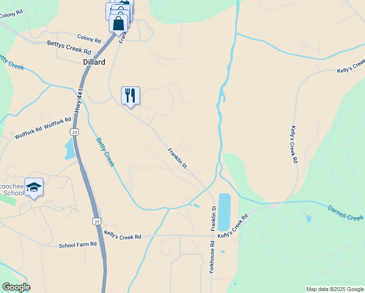 map of restaurants, bars, coffee shops, grocery stores, and more near 476 Franklin Street in Dillard