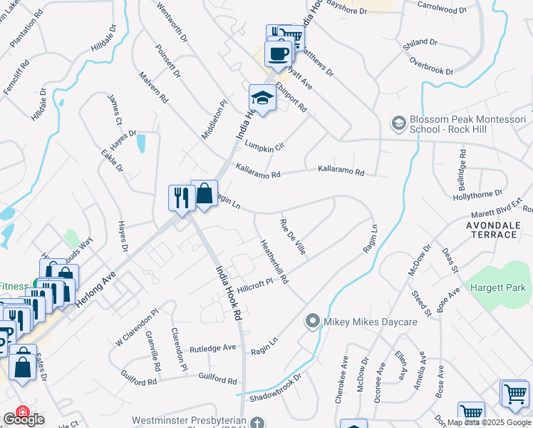 map of restaurants, bars, coffee shops, grocery stores, and more near 1135 Ragin Lane in Rock Hill
