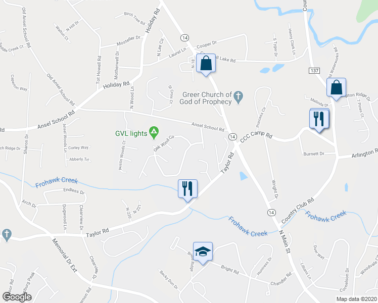 map of restaurants, bars, coffee shops, grocery stores, and more near 105 Oak Wind Circle in Greer