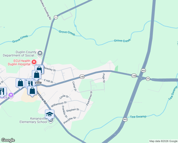 map of restaurants, bars, coffee shops, grocery stores, and more near 441 Routledge Road in Kenansville