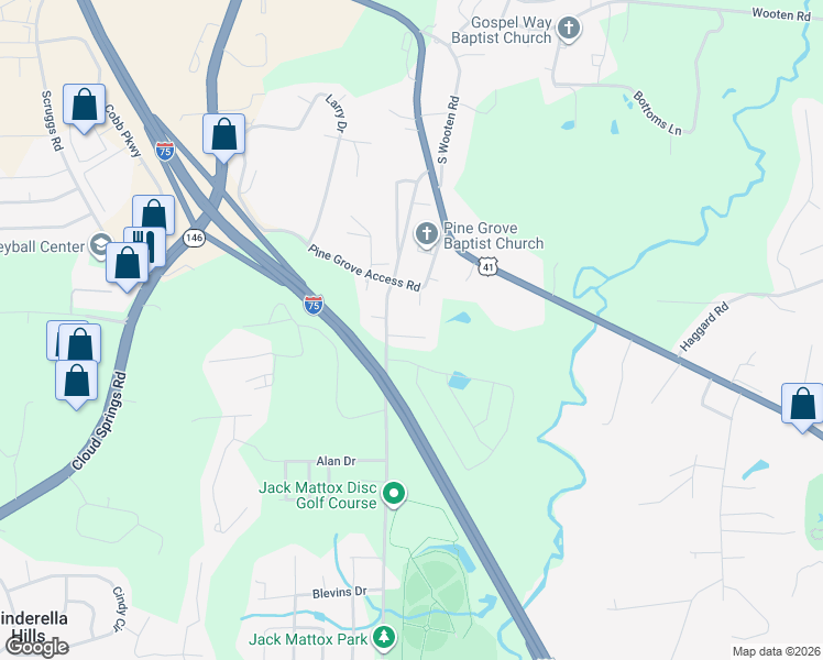 map of restaurants, bars, coffee shops, grocery stores, and more near 45 Swinging Bridge Lane in Ringgold