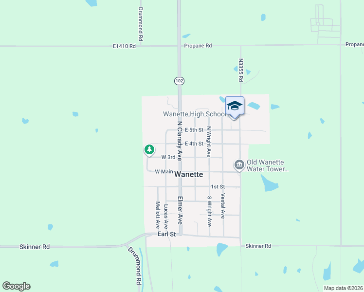 map of restaurants, bars, coffee shops, grocery stores, and more near 317 Clarady in Wanette