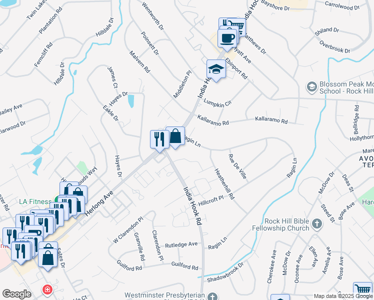 map of restaurants, bars, coffee shops, grocery stores, and more near 745 Dilworth Lane in Rock Hill