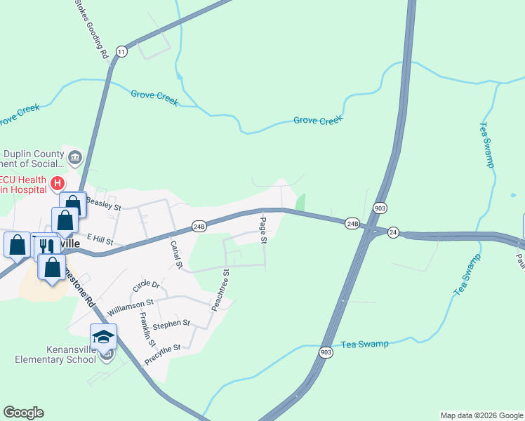 map of restaurants, bars, coffee shops, grocery stores, and more near 101 Page Street in Kenansville