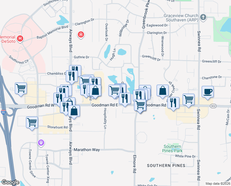 map of restaurants, bars, coffee shops, grocery stores, and more near 351 Alex Cove in Southaven