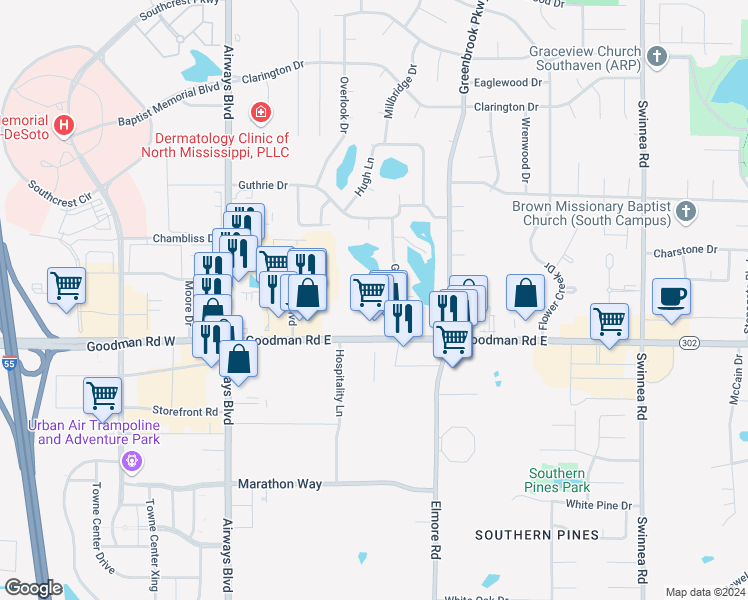 map of restaurants, bars, coffee shops, grocery stores, and more near 344 Alex Cove in Southaven