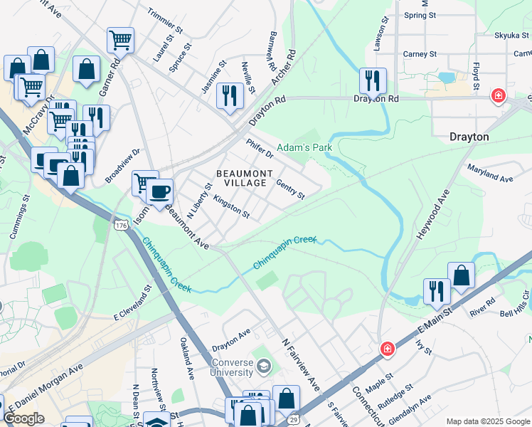 map of restaurants, bars, coffee shops, grocery stores, and more near 400 Kingston Street in Spartanburg