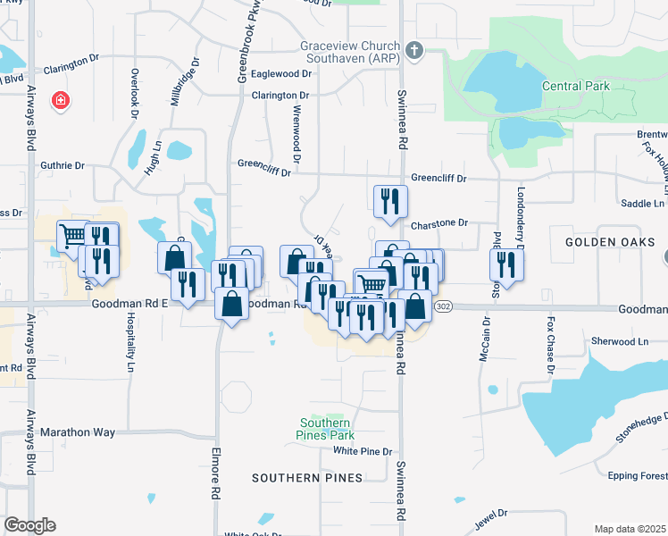map of restaurants, bars, coffee shops, grocery stores, and more near 7062 Flower Creek Drive in Southaven
