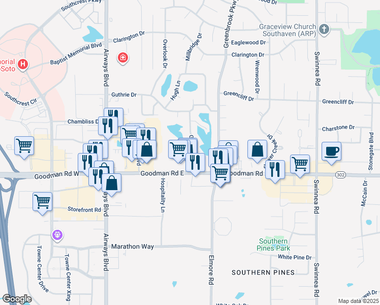 map of restaurants, bars, coffee shops, grocery stores, and more near 392 Alex Cove in Southaven