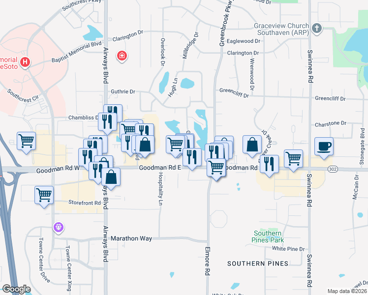 map of restaurants, bars, coffee shops, grocery stores, and more near 351 Alex Cove in Southaven