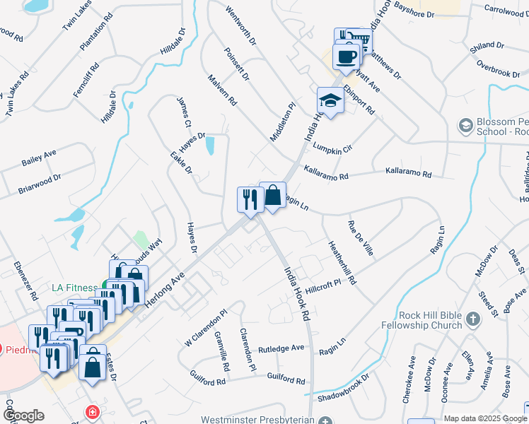 map of restaurants, bars, coffee shops, grocery stores, and more near 1888 India Hook Road in Rock Hill