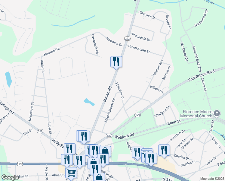 map of restaurants, bars, coffee shops, grocery stores, and more near 502 Mountainview Circle in Lyman