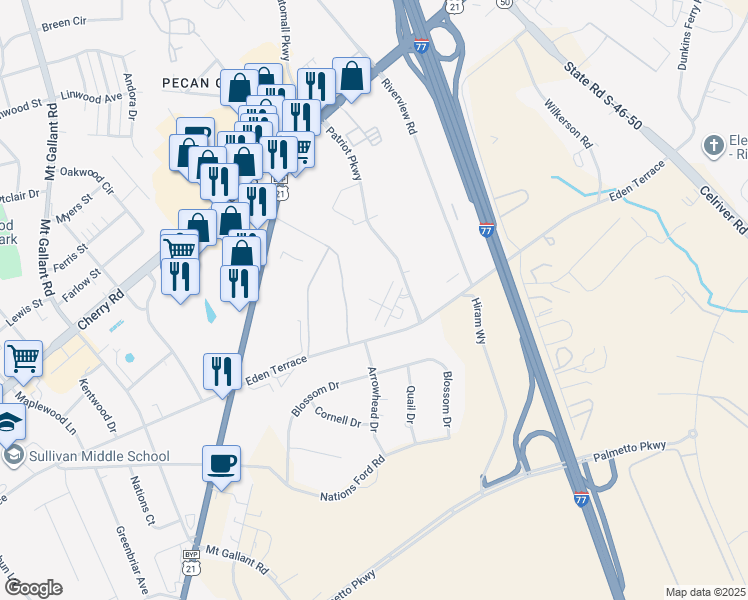 map of restaurants, bars, coffee shops, grocery stores, and more near 719 Patriot Parkway in Rock Hill