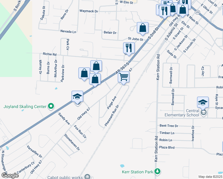 map of restaurants, bars, coffee shops, grocery stores, and more near 1217 South 1st Street in Cabot