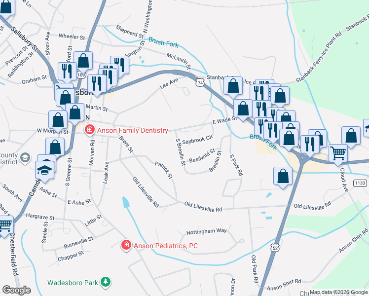 map of restaurants, bars, coffee shops, grocery stores, and more near 813 Basilwild Street in Wadesboro