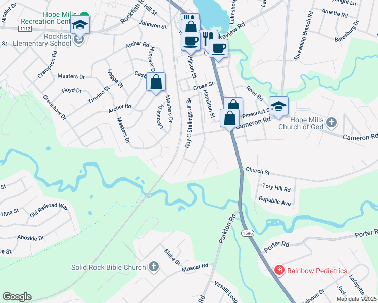 map of restaurants, bars, coffee shops, grocery stores, and more near 5125 Roy C Stallings Junior Street in Hope Mills