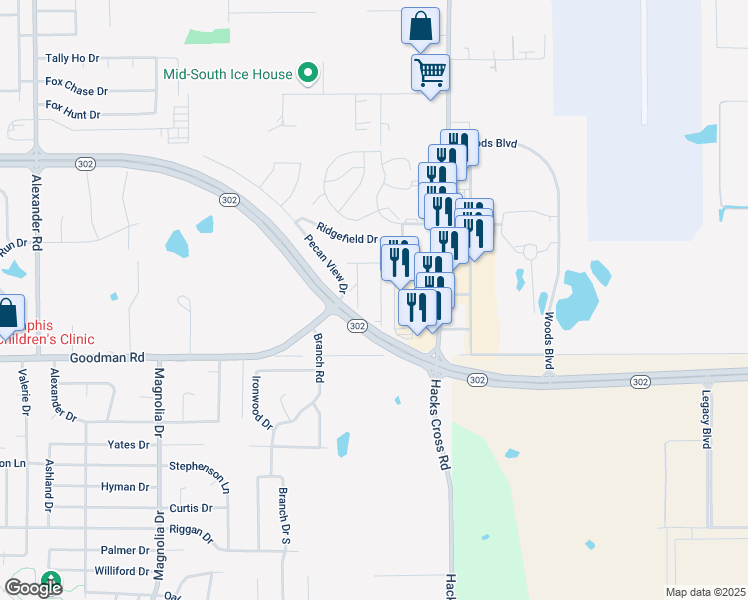map of restaurants, bars, coffee shops, grocery stores, and more near 7174 Goodman Ridge Drive in Olive Branch