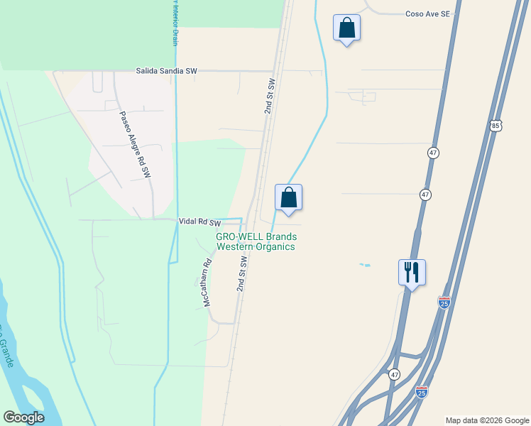 map of restaurants, bars, coffee shops, grocery stores, and more near 8700 Bates Road Southeast in Albuquerque