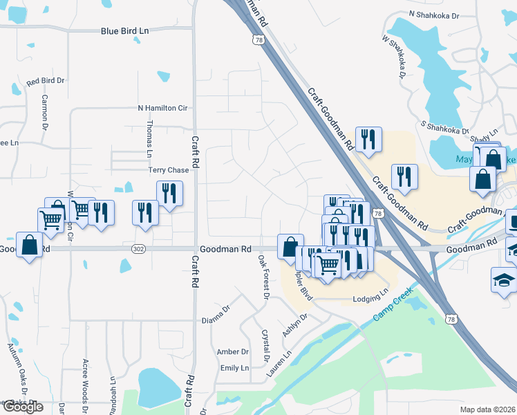 map of restaurants, bars, coffee shops, grocery stores, and more near 7188 Larkfield Cove in Olive Branch