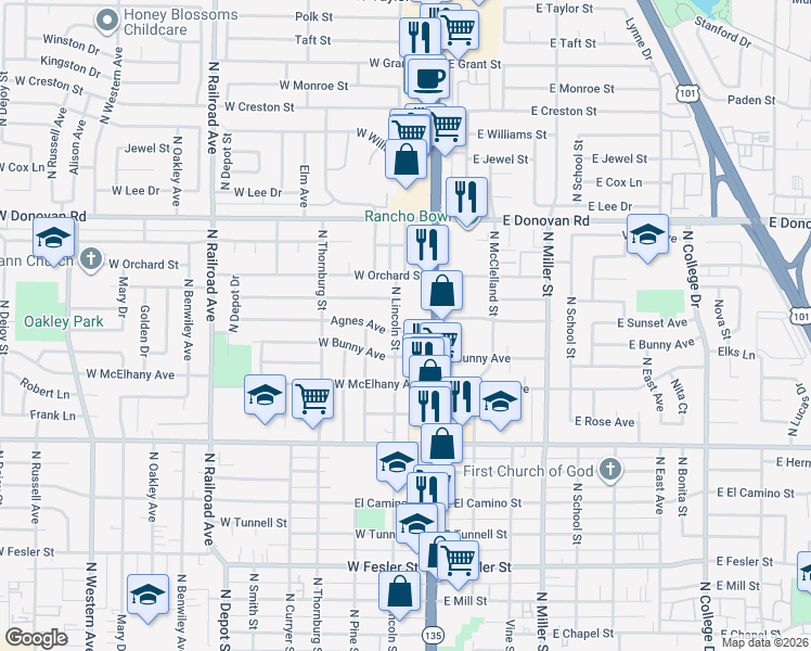 map of restaurants, bars, coffee shops, grocery stores, and more near 1309 North Broadway in Santa Maria