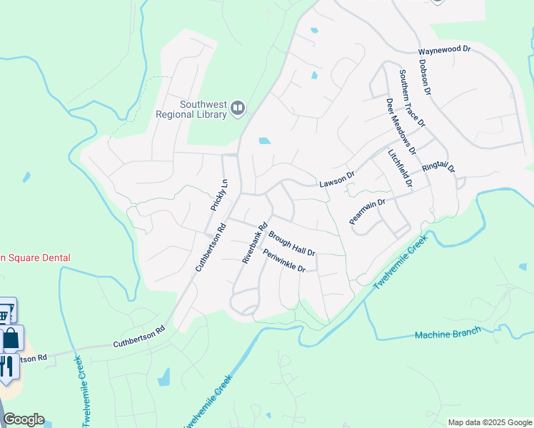 map of restaurants, bars, coffee shops, grocery stores, and more near 1904 Riverbank Road in Waxhaw