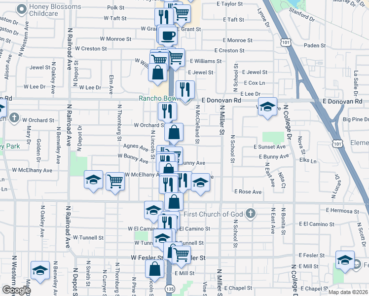 map of restaurants, bars, coffee shops, grocery stores, and more near 1318 North Broadway in Santa Maria