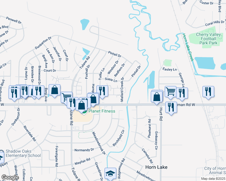 map of restaurants, bars, coffee shops, grocery stores, and more near 2616 Susie Lane in Horn Lake