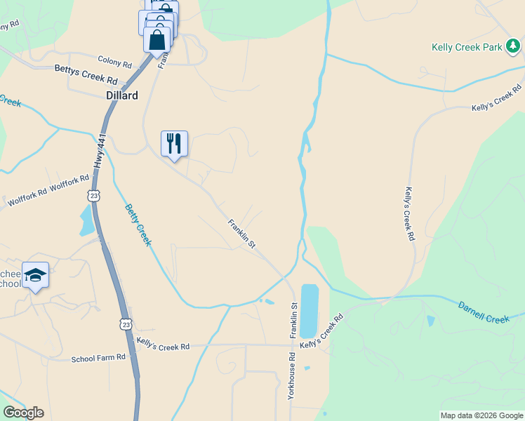 map of restaurants, bars, coffee shops, grocery stores, and more near 98 Riverview Lane in Dillard