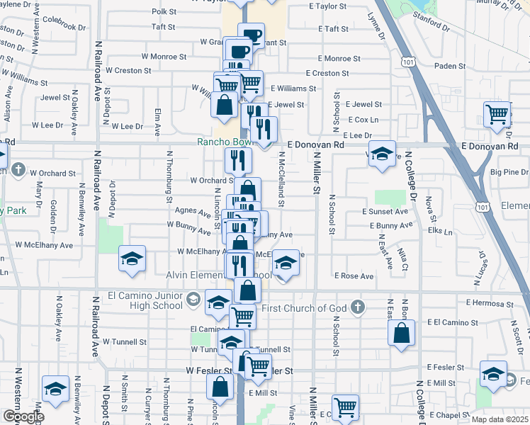 map of restaurants, bars, coffee shops, grocery stores, and more near 124 East Sunset Avenue in Santa Maria