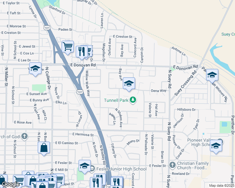 map of restaurants, bars, coffee shops, grocery stores, and more near 1205 East Sunset Avenue in Santa Maria