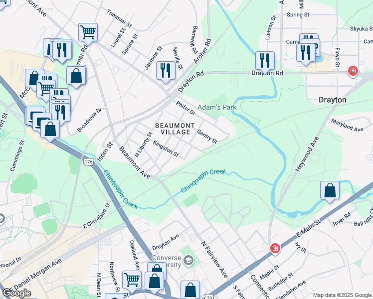 map of restaurants, bars, coffee shops, grocery stores, and more near 106 Camp Street in Spartanburg
