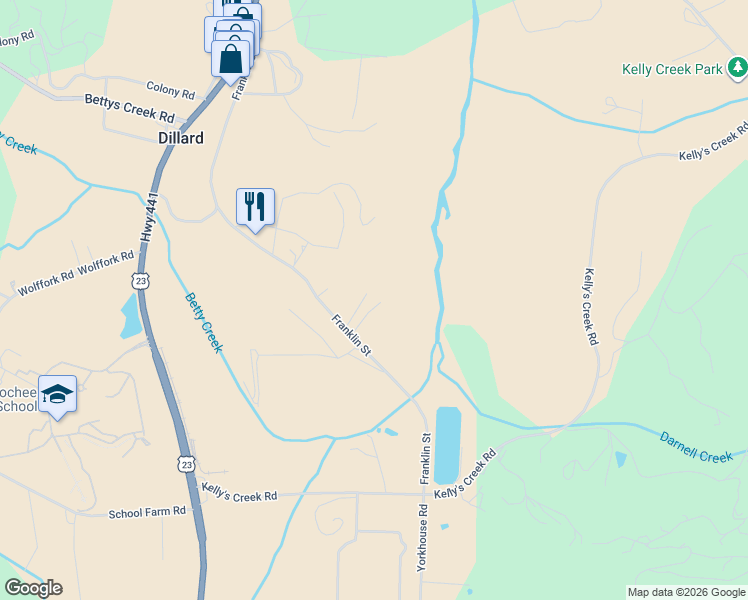 map of restaurants, bars, coffee shops, grocery stores, and more near 98 Riverview Lane in Dillard