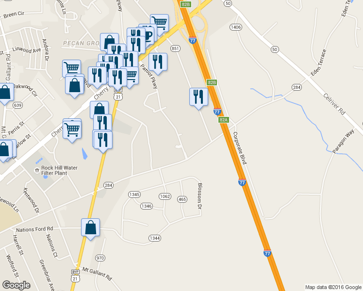 map of restaurants, bars, coffee shops, grocery stores, and more near 795 Patriot Parkway in Rock Hill