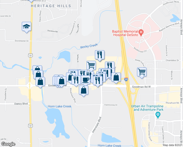 map of restaurants, bars, coffee shops, grocery stores, and more near 7251 Interstate Boulevard in Horn Lake