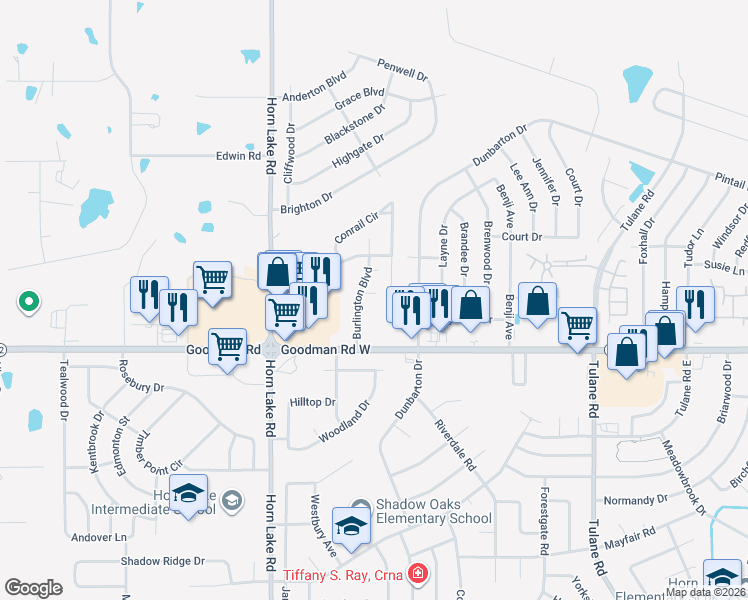 map of restaurants, bars, coffee shops, grocery stores, and more near 3760 Iron Horse Drive in Horn Lake