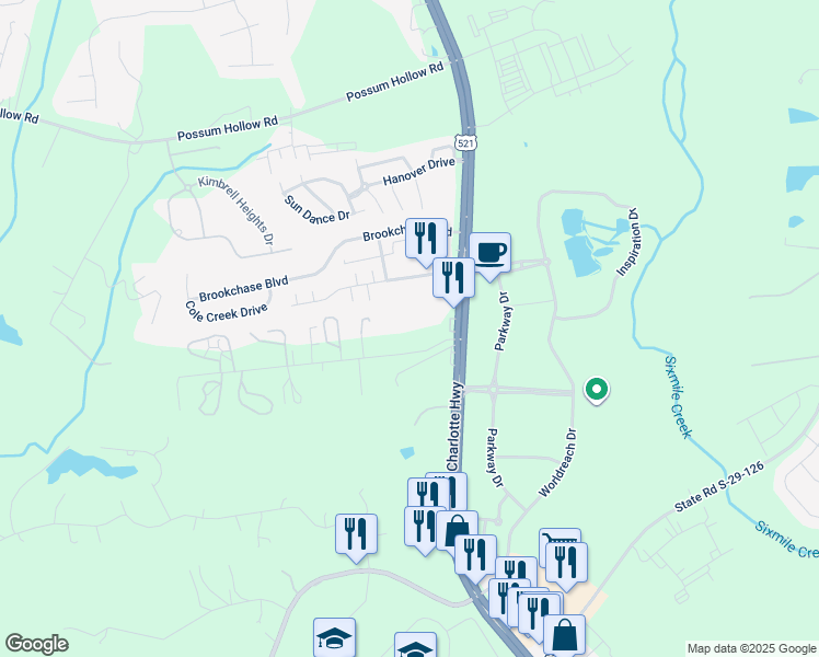 map of restaurants, bars, coffee shops, grocery stores, and more near 9030 Northfield Drive in Fort Mill