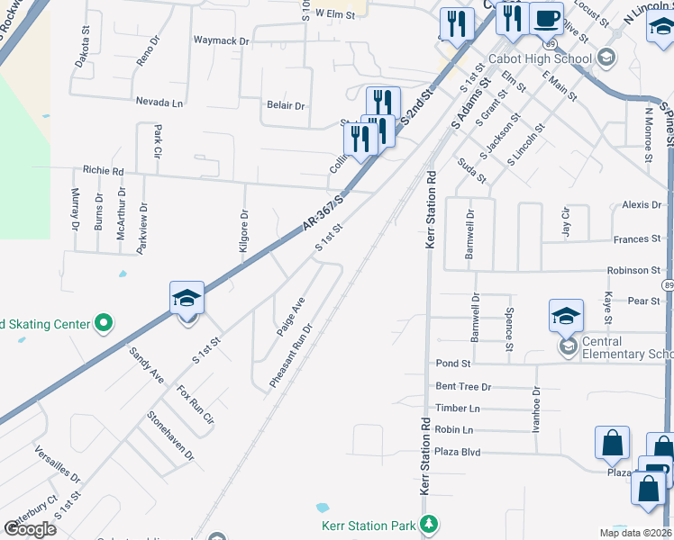 map of restaurants, bars, coffee shops, grocery stores, and more near 106 Pheasant Run Drive in Cabot
