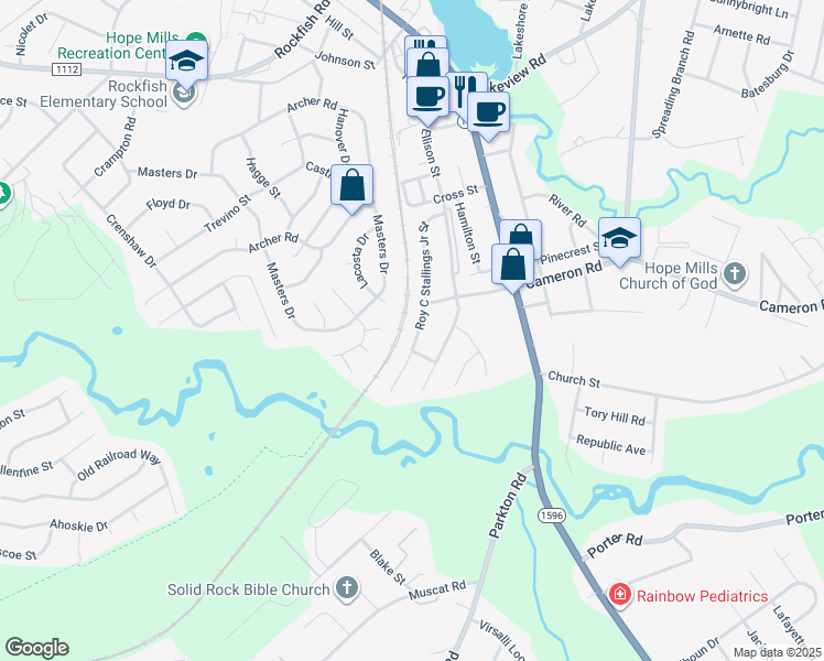 map of restaurants, bars, coffee shops, grocery stores, and more near 5120 Roy C Stallings Junior Street in Hope Mills