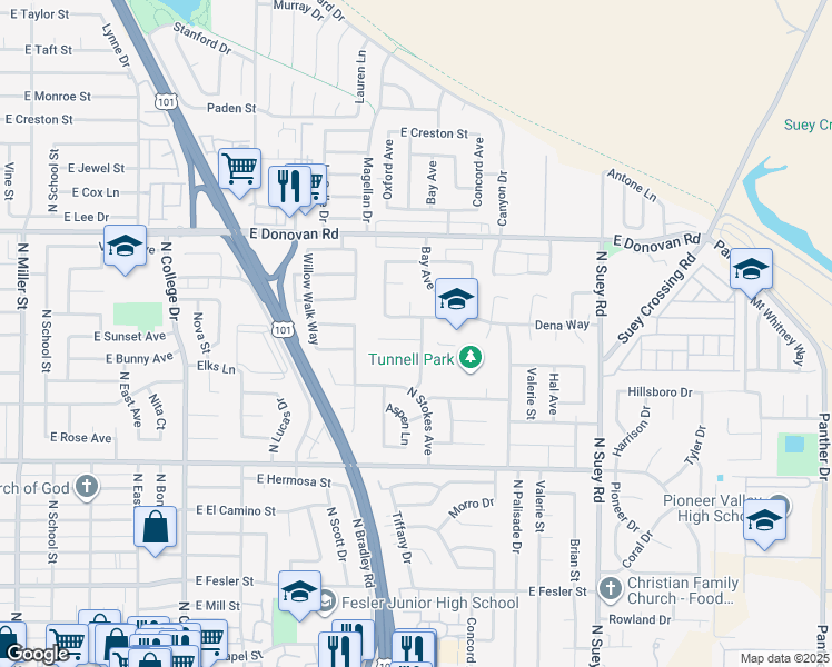 map of restaurants, bars, coffee shops, grocery stores, and more near 1205 East Sunset Avenue in Santa Maria