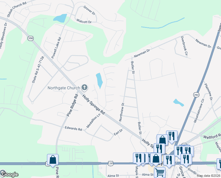 map of restaurants, bars, coffee shops, grocery stores, and more near 621 Willowtree Way in Lyman