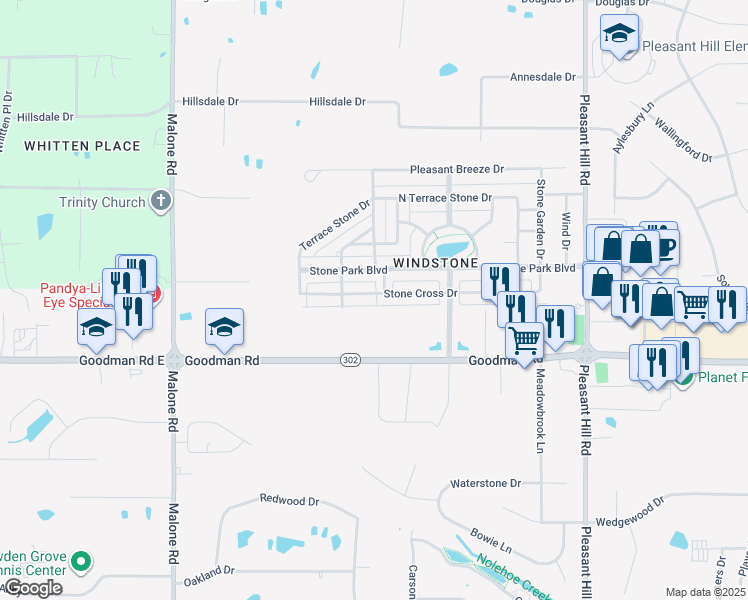 map of restaurants, bars, coffee shops, grocery stores, and more near 4596 Stone Cross Drive in Olive Branch