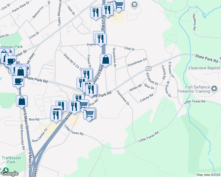 map of restaurants, bars, coffee shops, grocery stores, and more near 6120 State Park Road in Travelers Rest