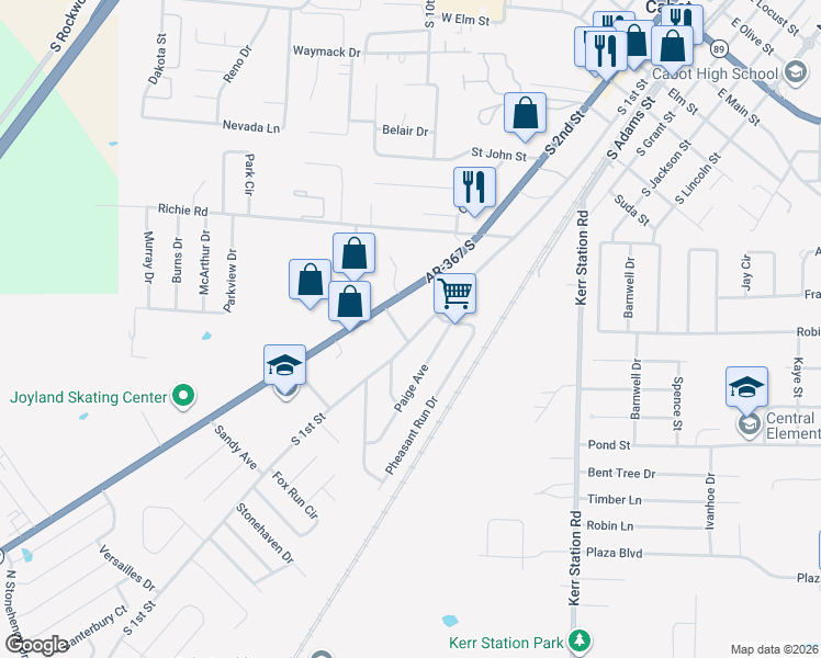 map of restaurants, bars, coffee shops, grocery stores, and more near 206 West Pheasant Run Drive in Cabot