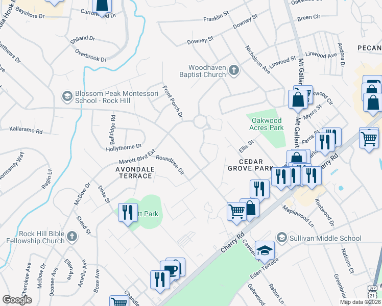 map of restaurants, bars, coffee shops, grocery stores, and more near 1256 Ebinport Road in Rock Hill